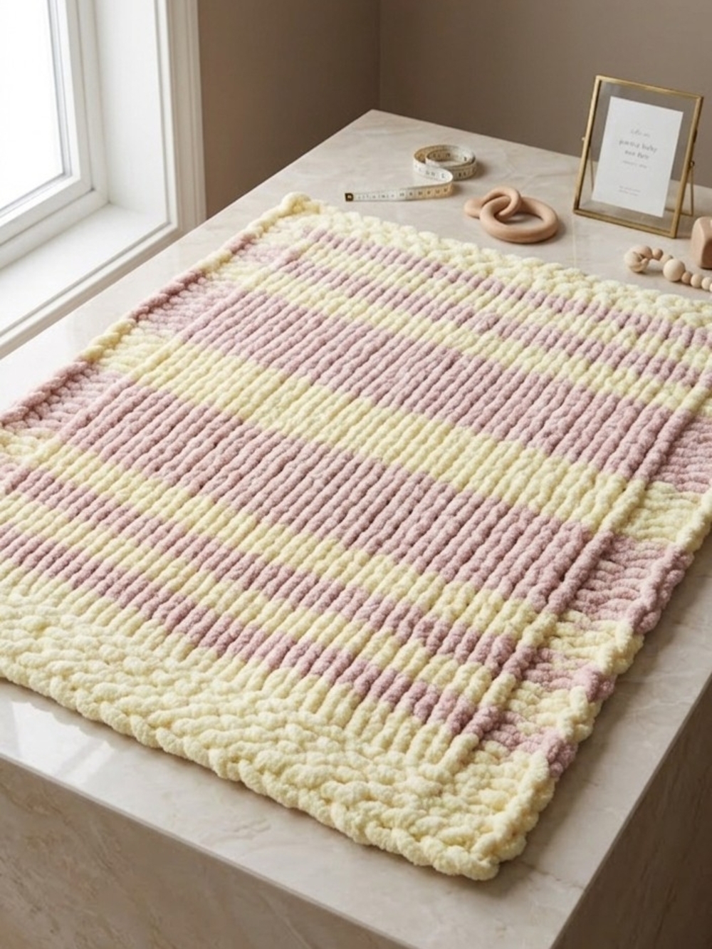 Plush Striped Hand Knit Baby Blanket in Pale Pink and Soft Yellow